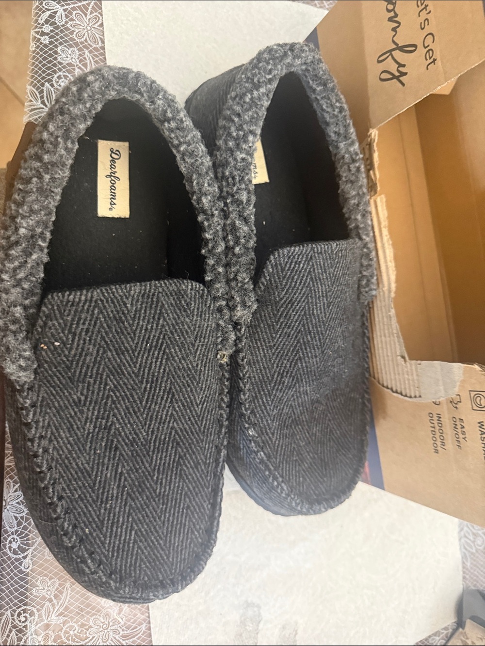 dearfoams Men's Charcoal Herringbone Moccasin Slippers